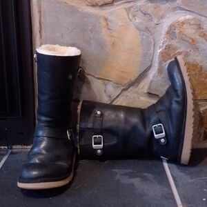 Ugg Talk Black Leather Boots Big Buckles Sheep Shearling Interior Boho
